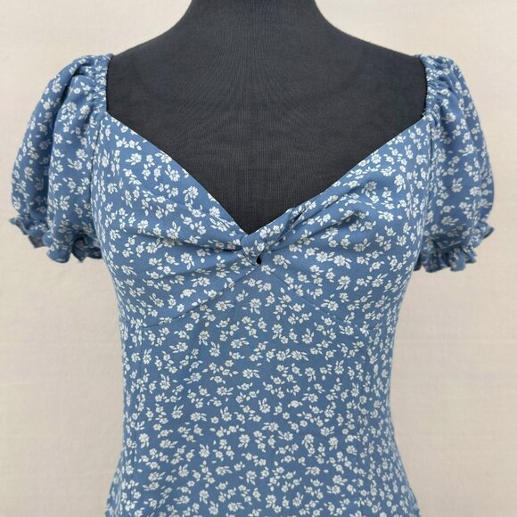 Shein Womens Small Blue Floral Puff Sleeve Sweetheart Mini Summer Dress Zip Back - Picture 4 of 10